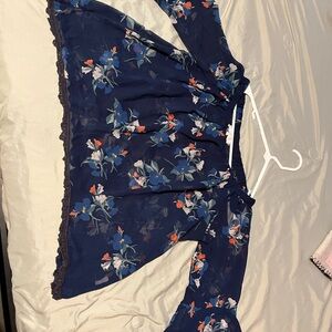Astr Navy Floral Top with Bell Sleeves